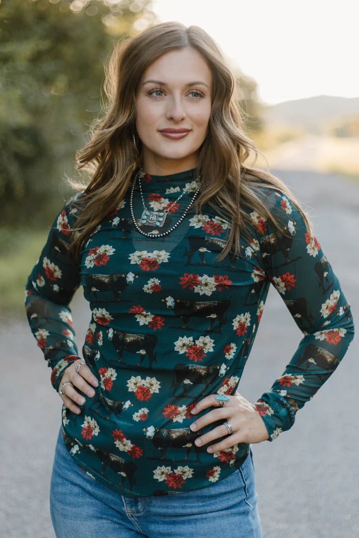 Sterling Kreek Poinsettias On The Prairie Mesh Top*