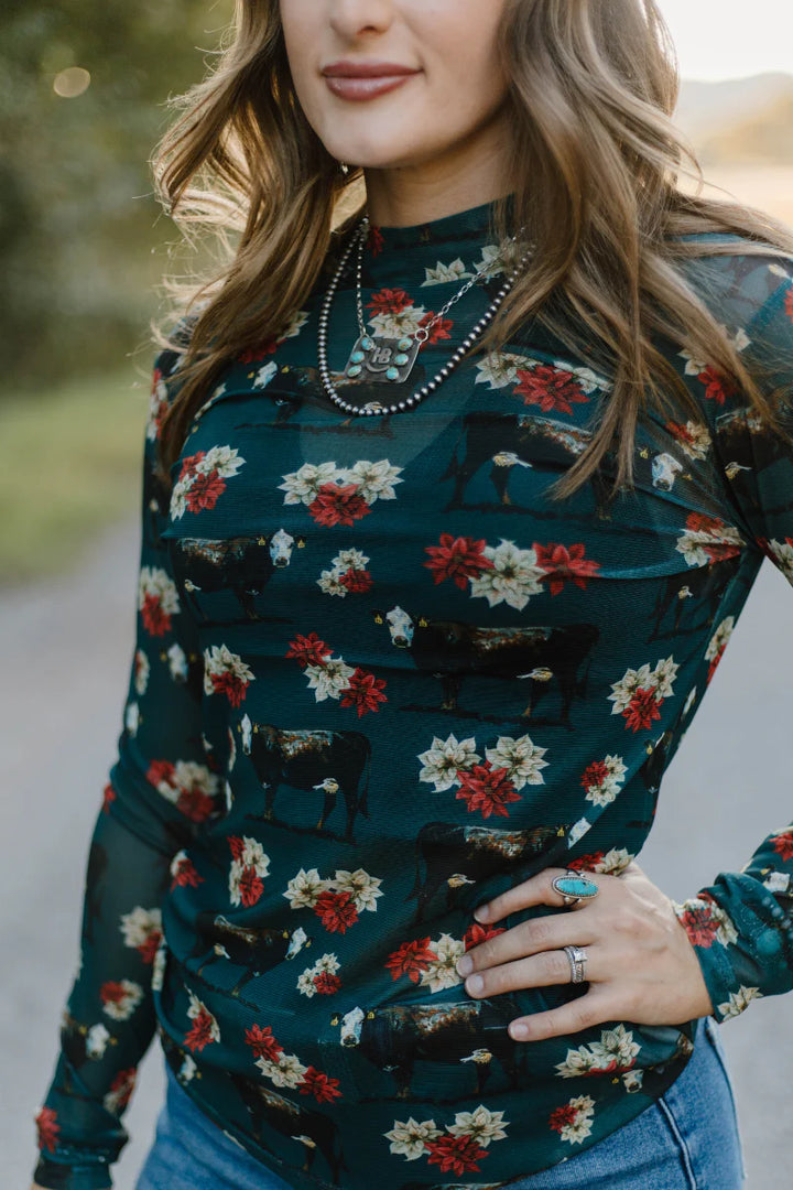 Sterling Kreek Poinsettias On The Prairie Mesh Top*