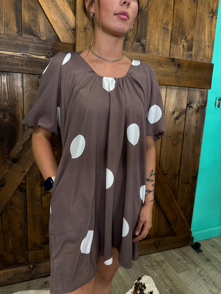 Polka Dot Print Knot Back Short Puff Sleeve Mini Dress