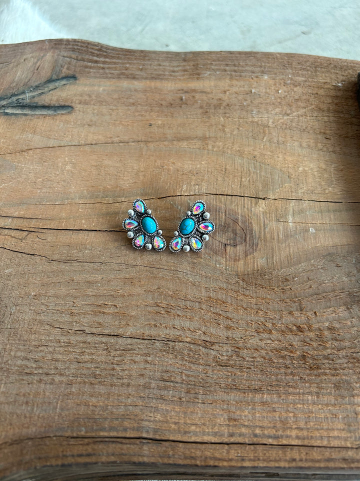 Rhinestone and Turquoise Half Cluster Earrings