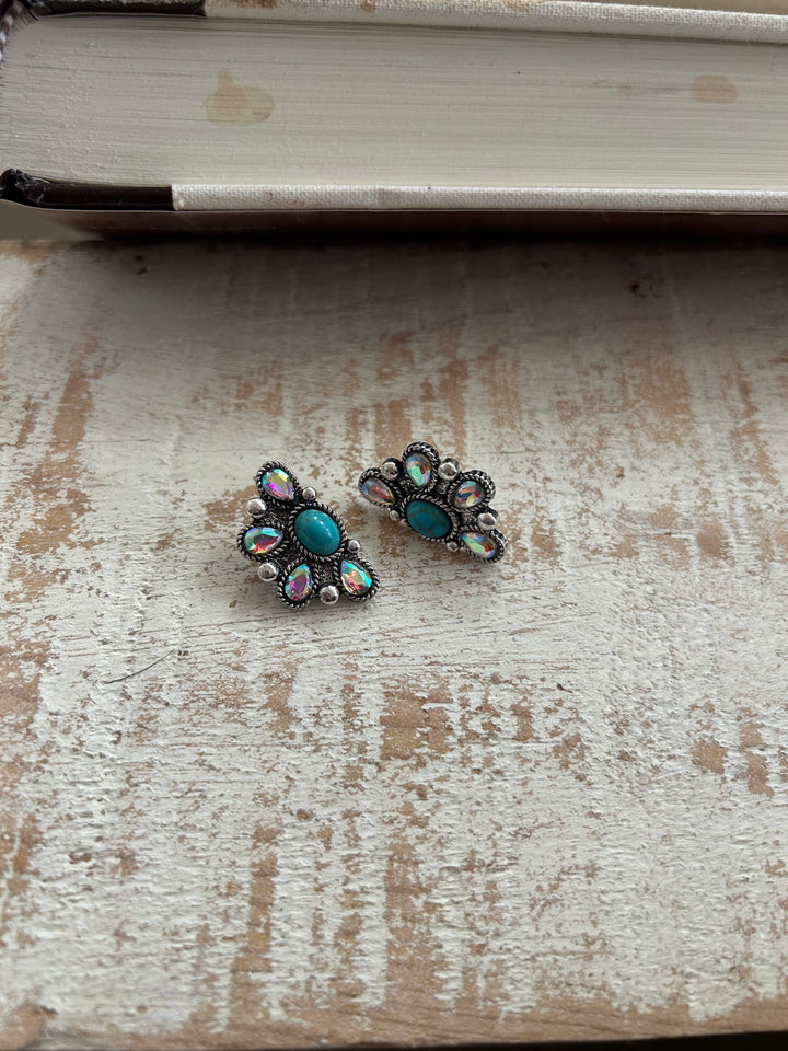 Rhinestone and Turquoise Half Cluster Earrings