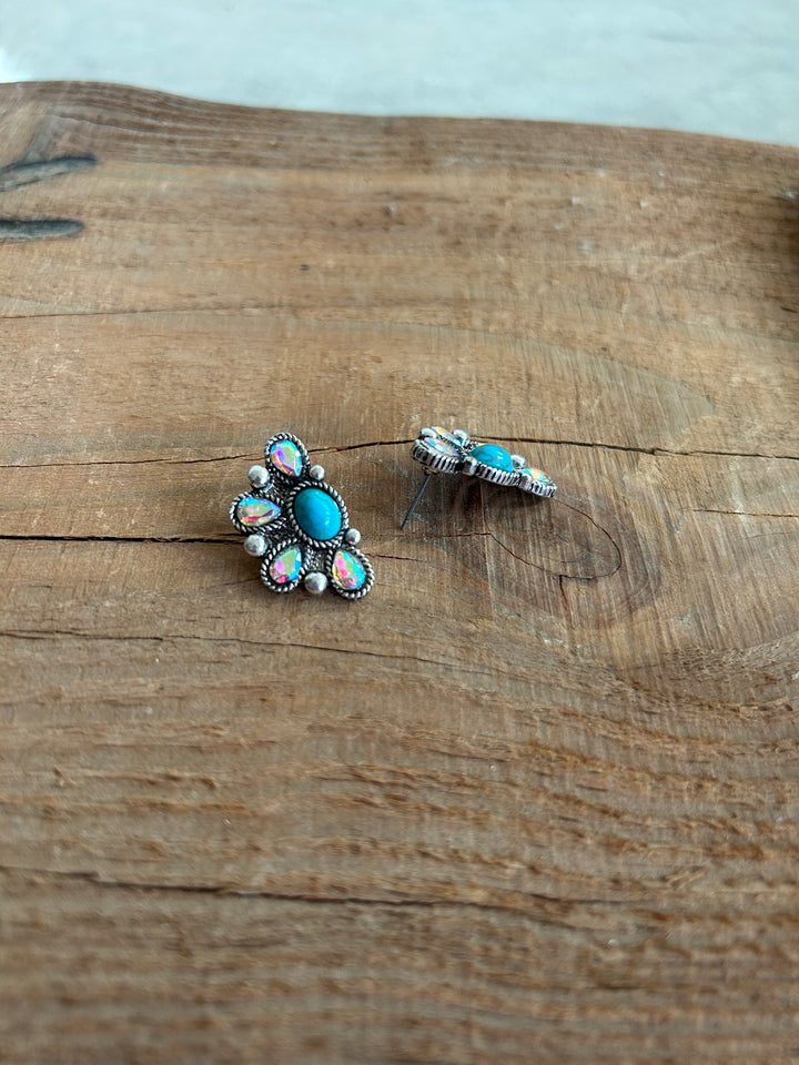 Rhinestone and Turquoise Half Cluster Earrings