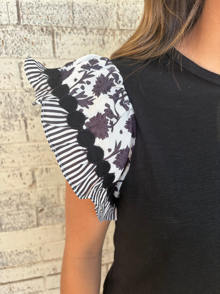 Ricrac Trim Printed Flutter Sleeve Contrast Blouse 2 Colors*