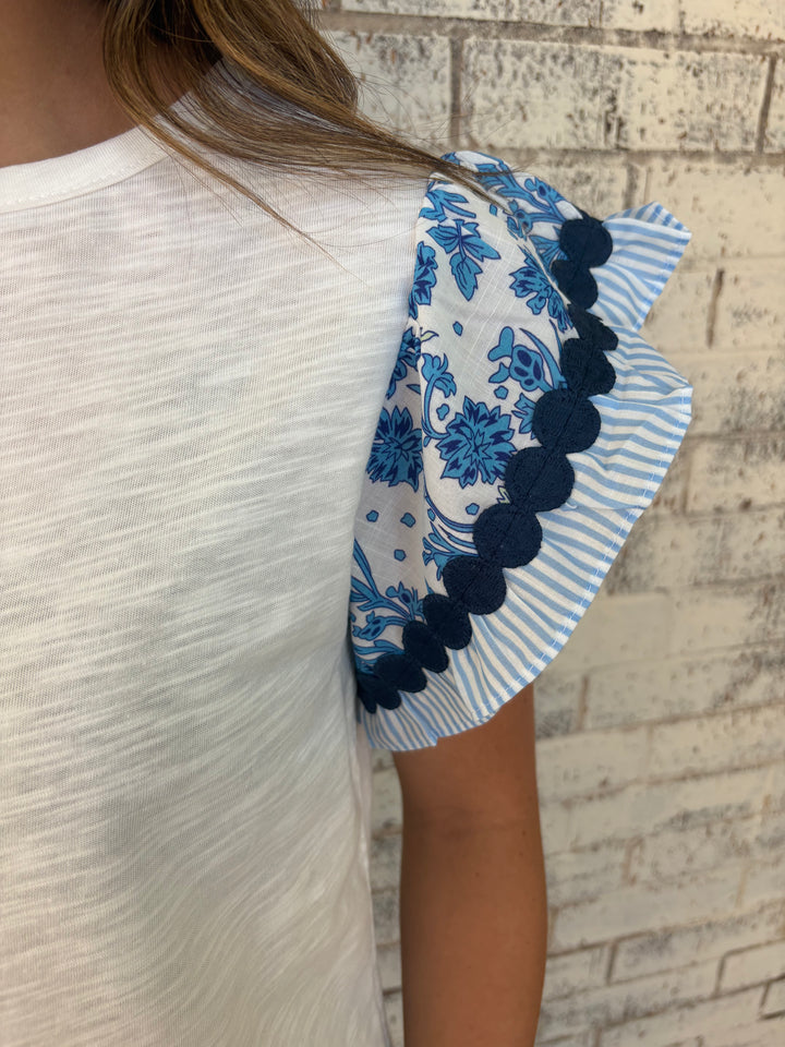 Ricrac Trim Printed Flutter Sleeve Contrast Blouse 2 Colors*