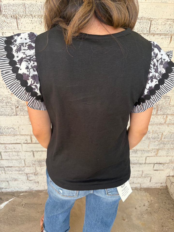 Ricrac Trim Printed Flutter Sleeve Contrast Blouse 2 Colors*