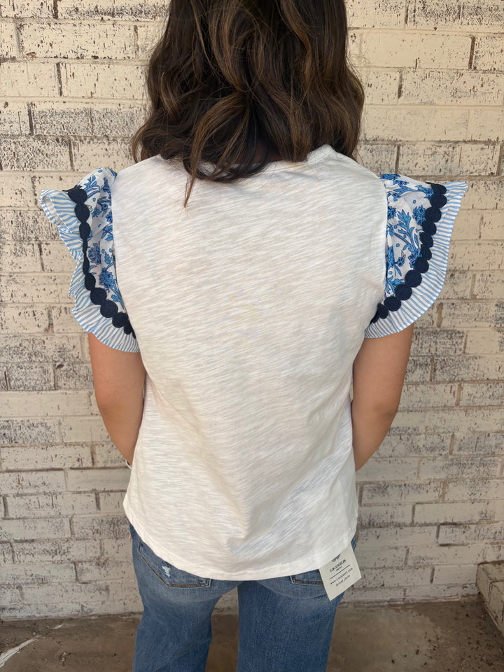 Ricrac Trim Printed Flutter Sleeve Contrast Blouse 2 Colors*