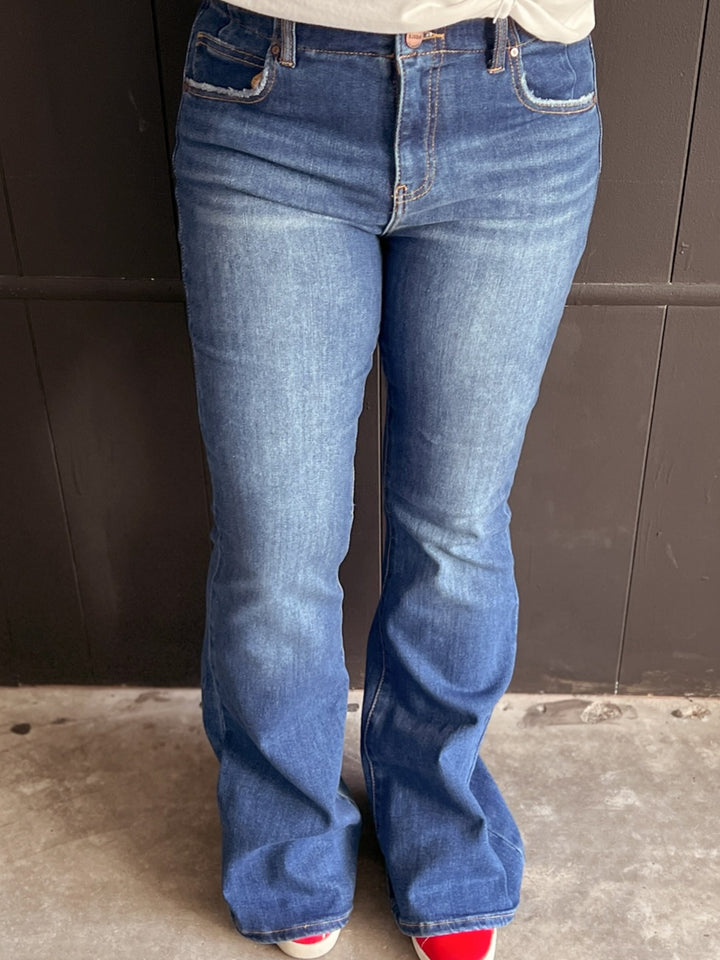 Risen Vintage Style High Rise Double Button Flare Jeans