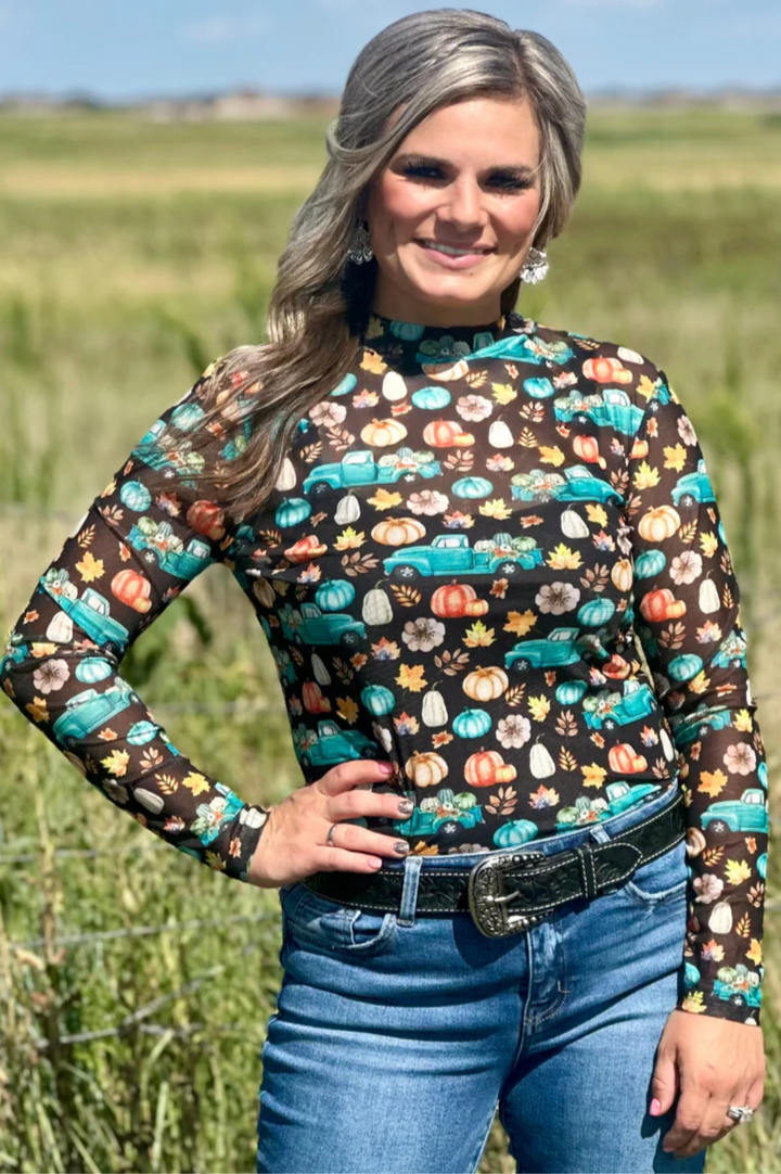 Sterling Kreek Take Me To The Pumpkin Patch Mesh Top