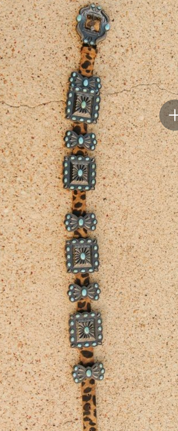 Brown Leopard Genuine Leather Turquoise Stone Ribbon Concho Belt