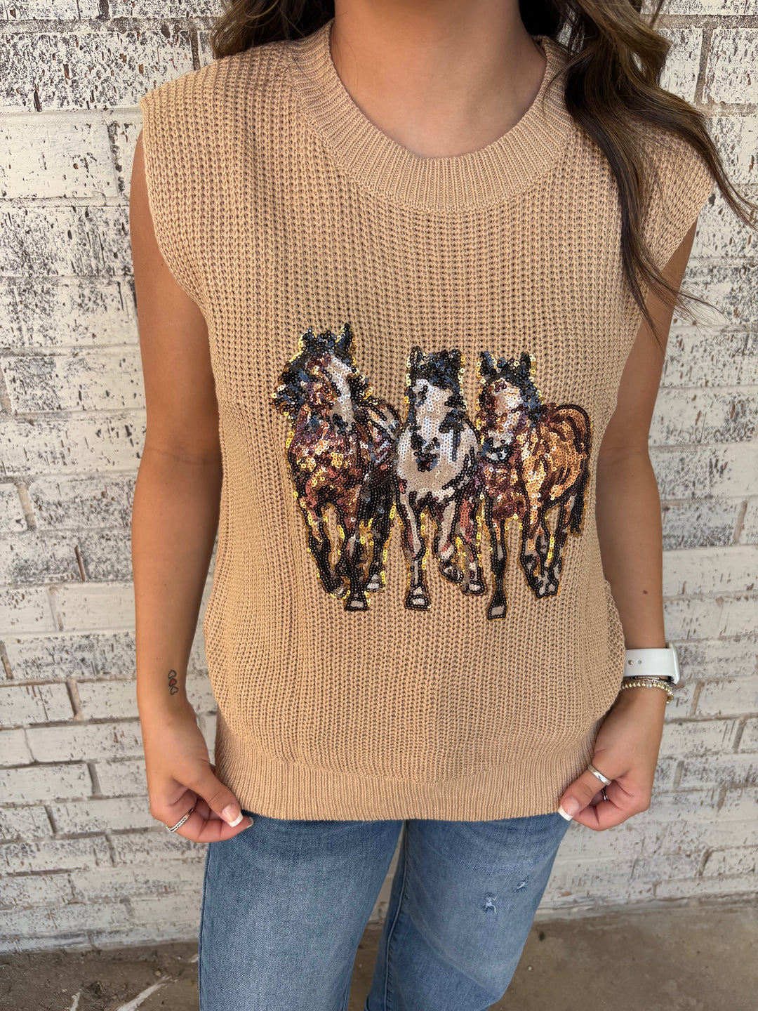 Sequin Horse Graphic Knitted Sweater Vest