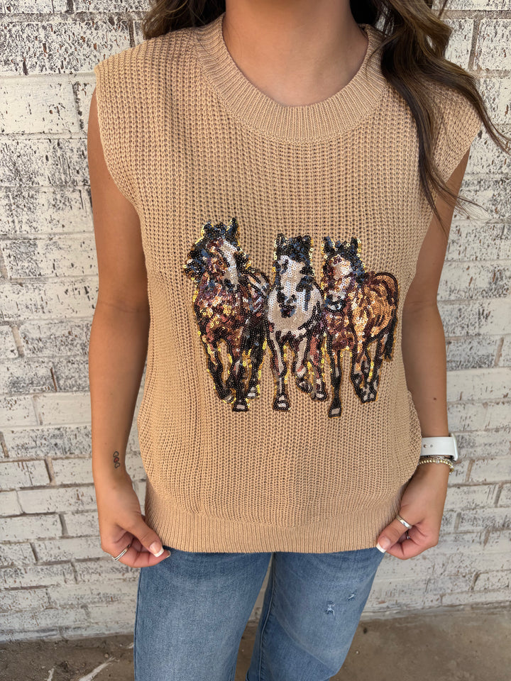 Sequin Horse Graphic Knitted Sweater Vest