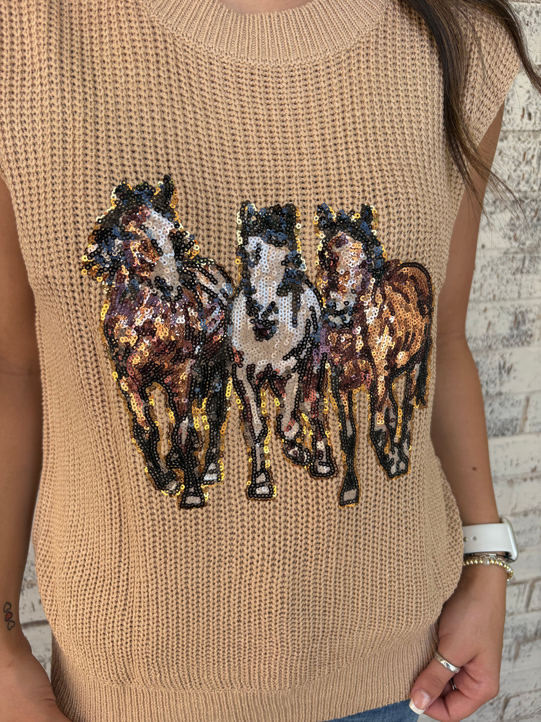 Sequin Horse Graphic Knitted Sweater Vest