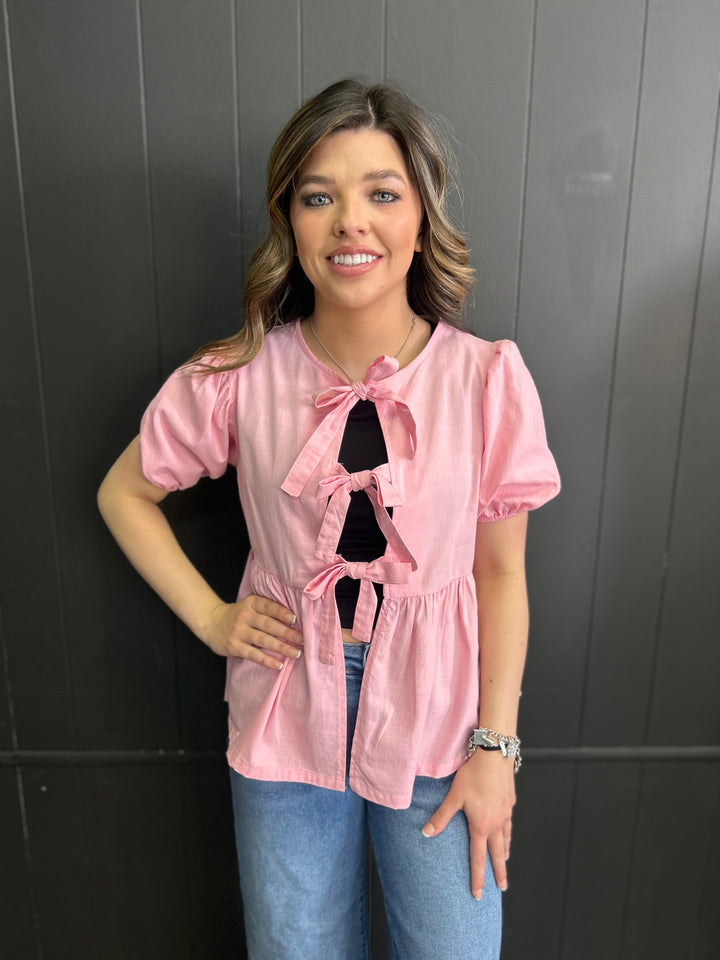 Short Sleeve Woven Front Bow Tie Top - 5 Colors*