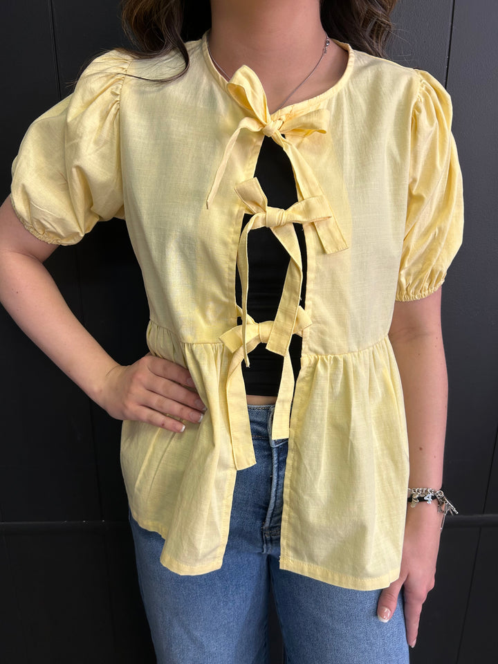 Short Sleeve Woven Front Bow Tie Top - 5 Colors*