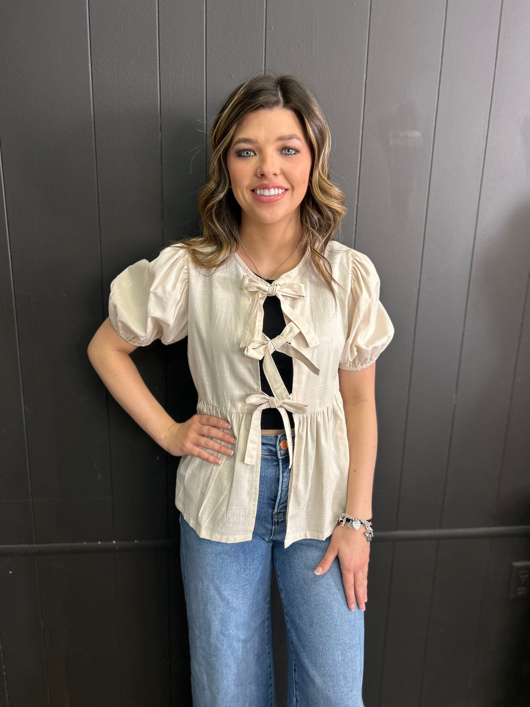 Short Sleeve Woven Front Bow Tie Top - 5 Colors*