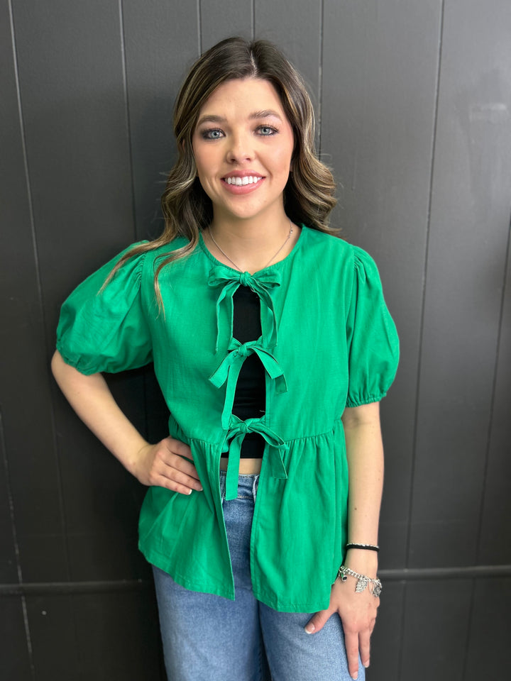 Short Sleeve Woven Front Bow Tie Top - 5 Colors*