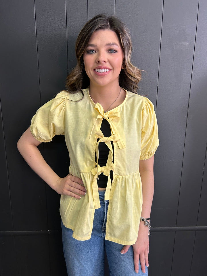 Short Sleeve Woven Front Bow Tie Top - 5 Colors*