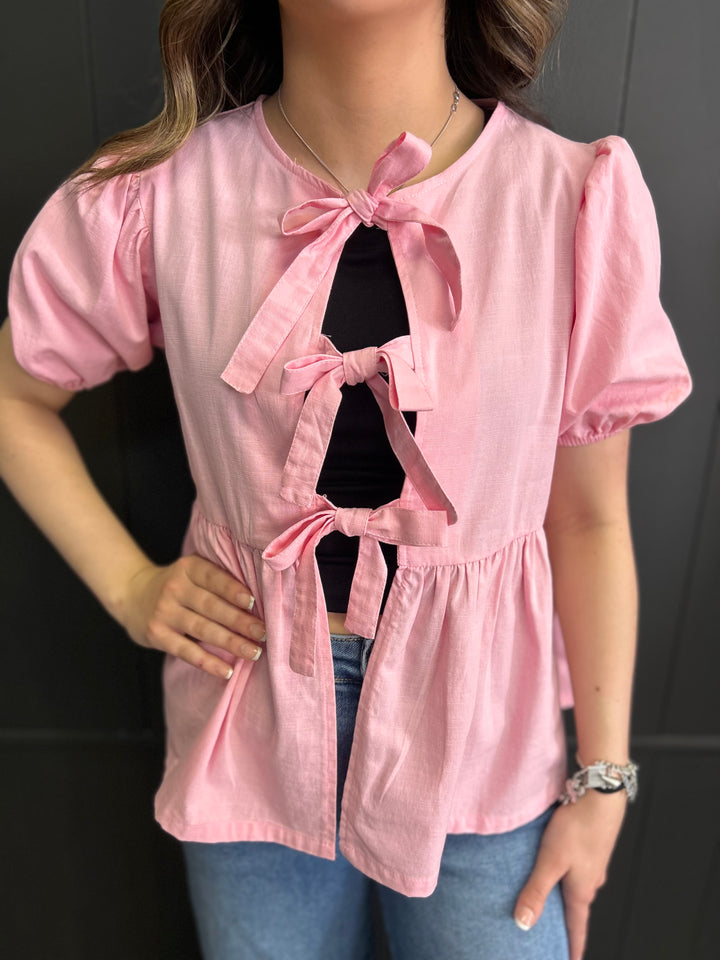 Short Sleeve Woven Front Bow Tie Top - 5 Colors*