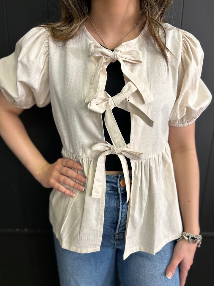 Short Sleeve Woven Front Bow Tie Top - 5 Colors*