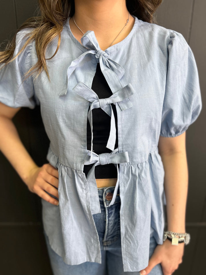 Short Sleeve Woven Front Bow Tie Top - 5 Colors*