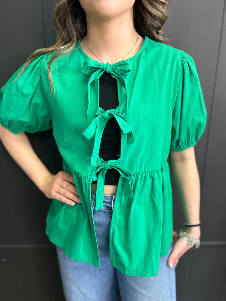 Short Sleeve Woven Front Bow Tie Top - 5 Colors*