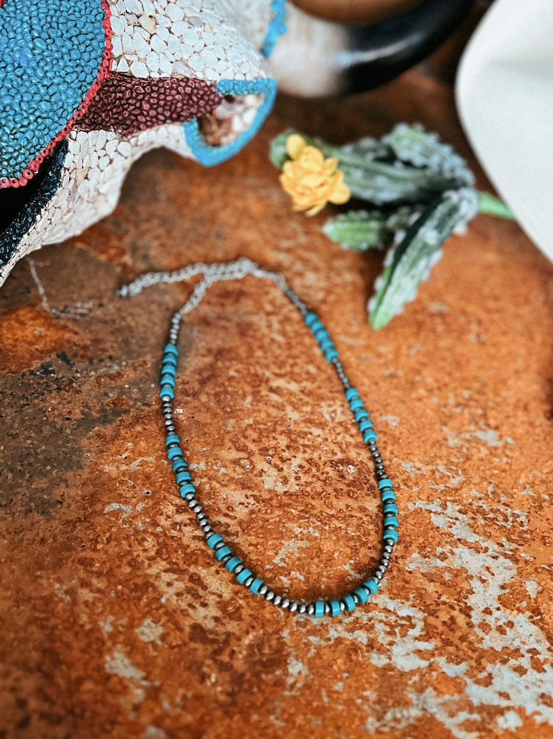Silver Beaded Turquoise Necklace | gussieduponline