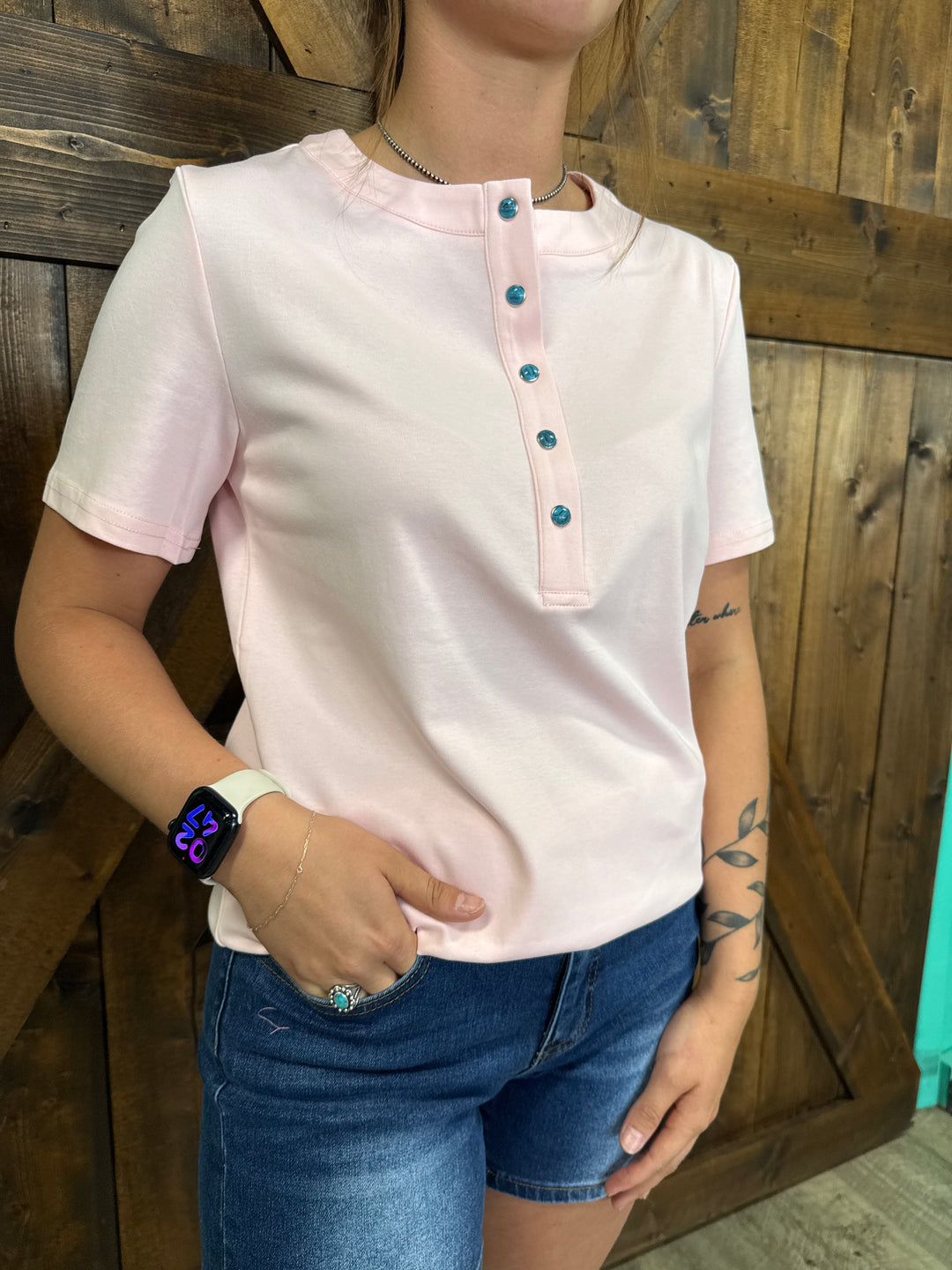 Soft Pink Short Sleeve Turquoise Snap Button Down Shirt