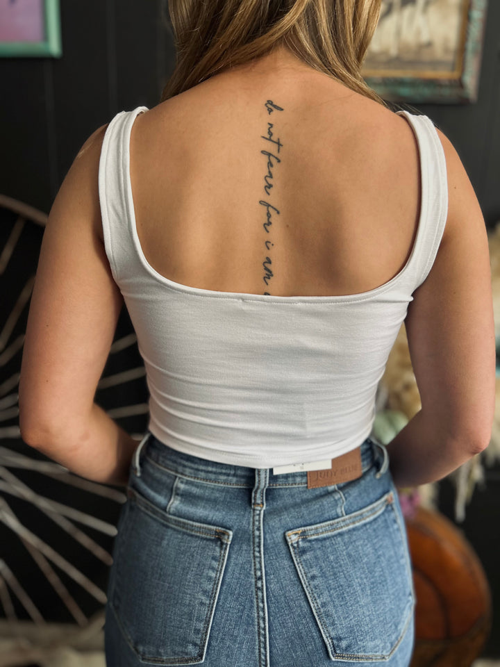 Square Neck Mock Button Sleeveless Knit Crop Top-2 Colors*