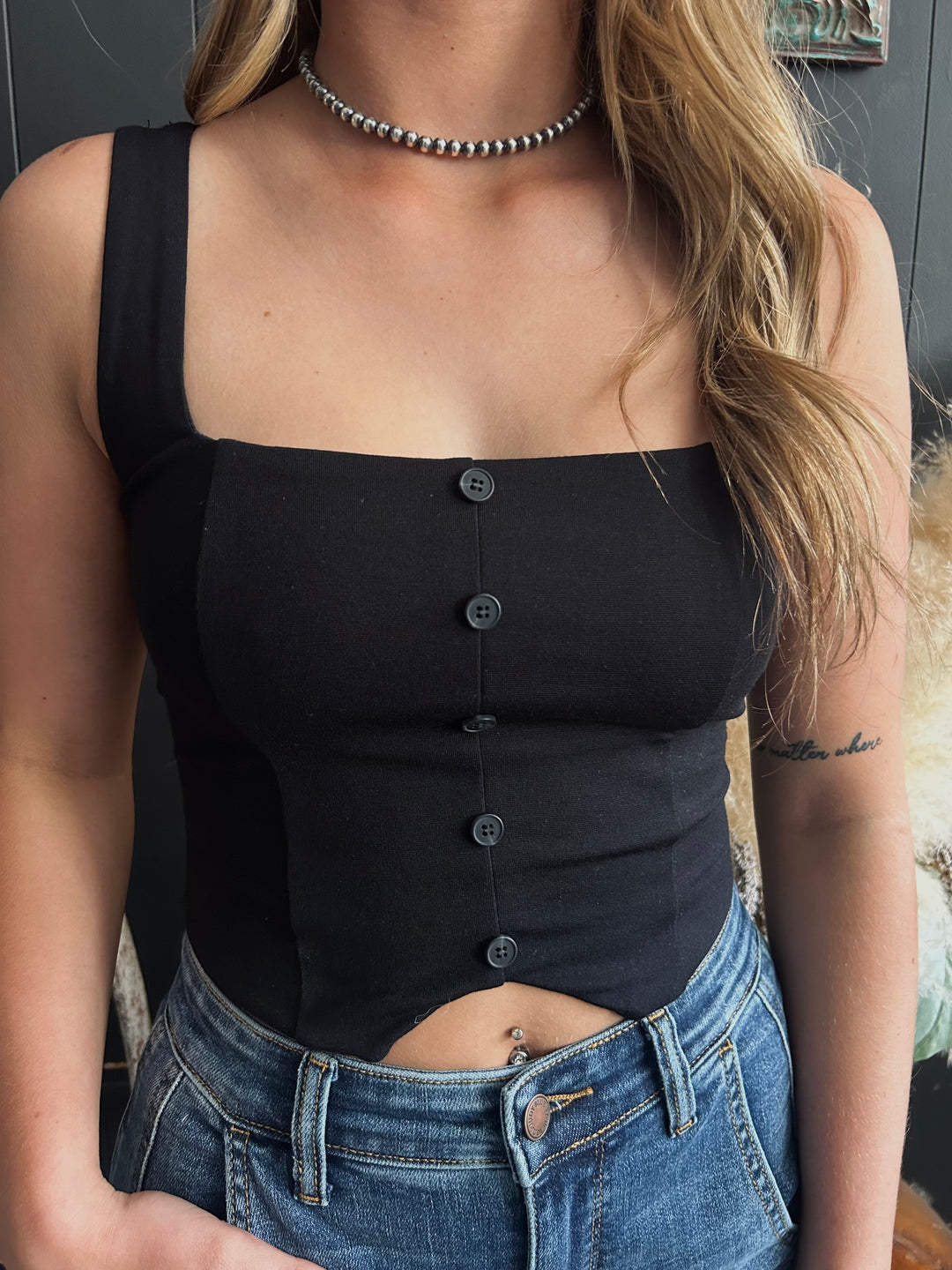 Square Neck Mock Button Sleeveless Knit Crop Top-2 Colors*