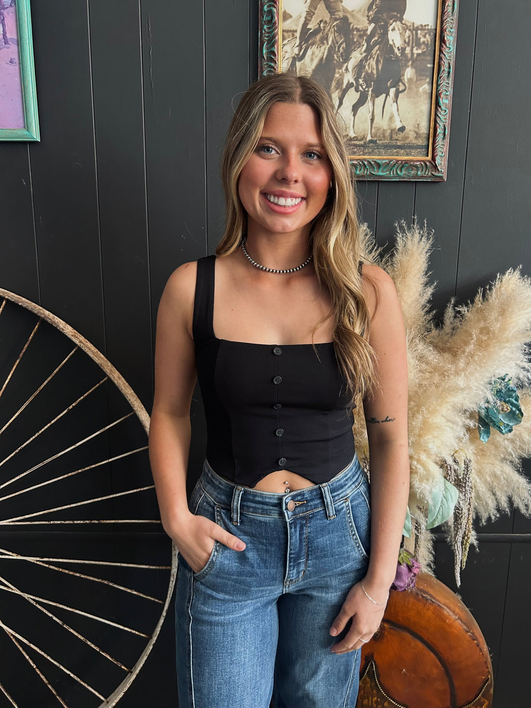 Square Neck Mock Button Sleeveless Knit Crop Top-2 Colors*