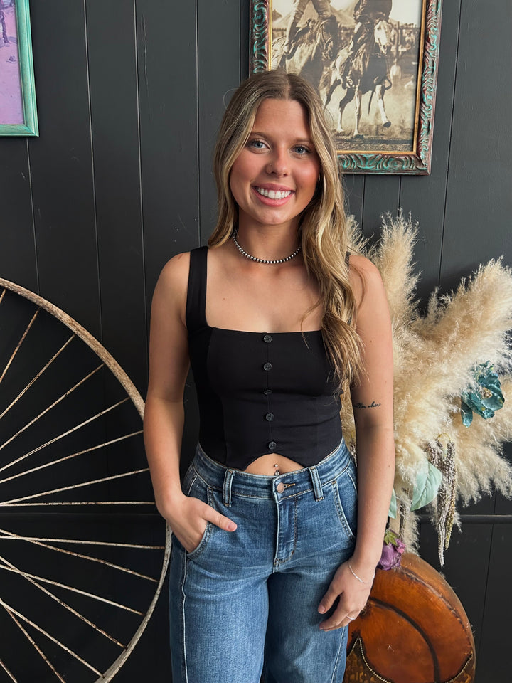 Square Neck Mock Button Sleeveless Knit Crop Top-2 Colors*