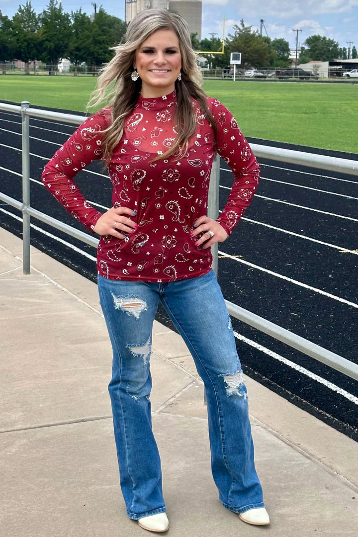 Sterling Kreek Bandana Babe Maroon Mesh Top