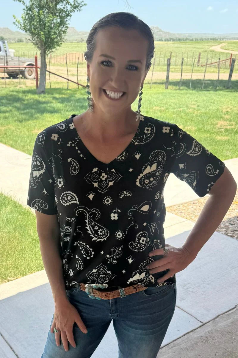 Sterling Kreek Black Bandana Babe V Neck Top