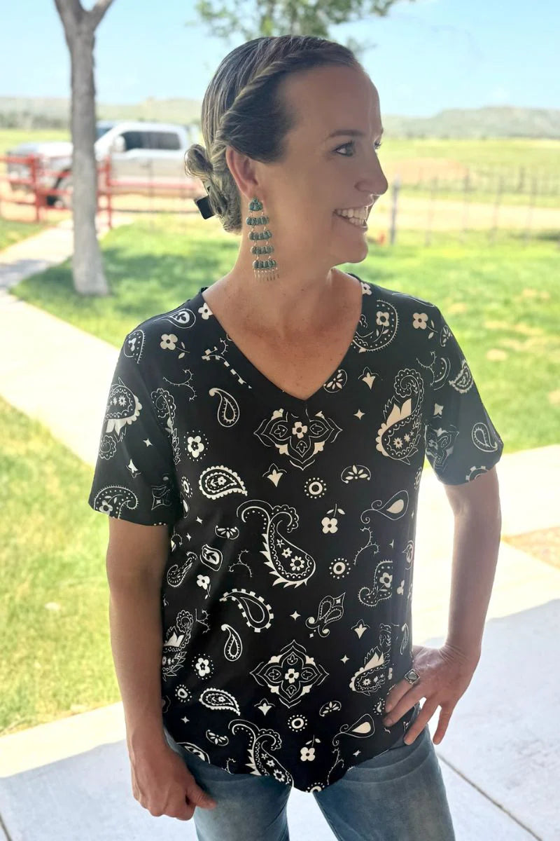 Sterling Kreek Black Bandana Babe V Neck Top