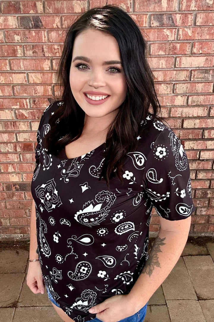 Sterling Kreek Black Bandana Babe V Neck Top