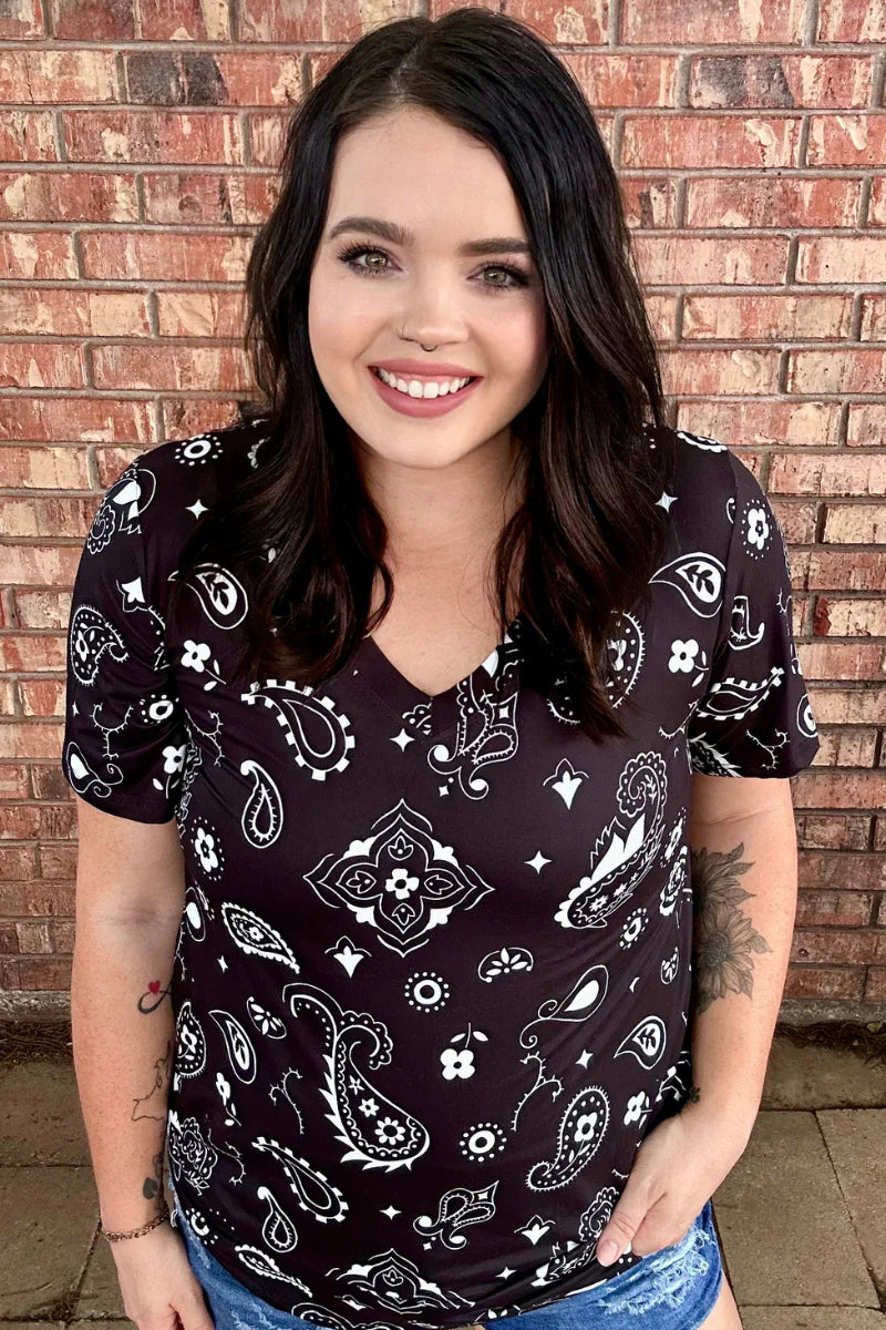 Sterling Kreek Black Bandana Babe V Neck Top