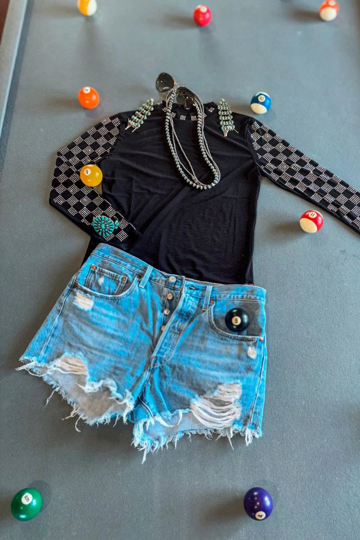 Sterling Kreek Checked In Black Mesh Top