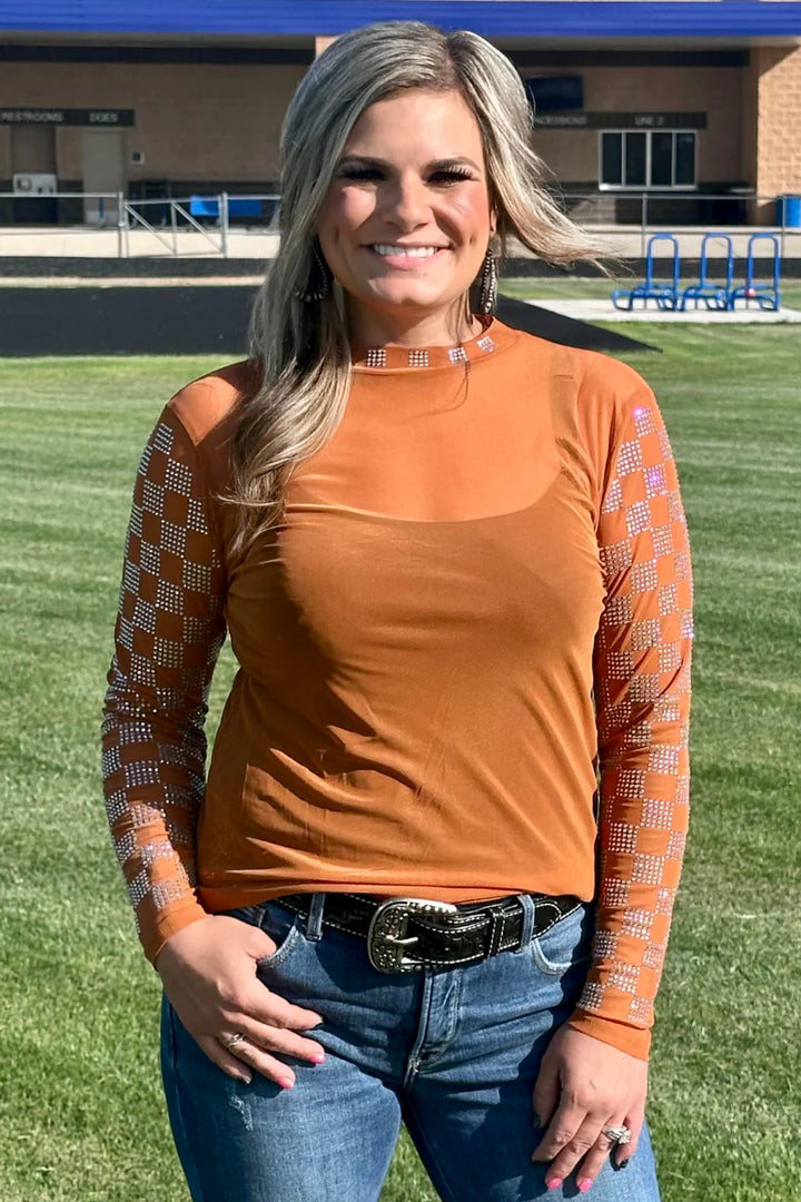 Sterling Kreek Checked In Burnt Orange Mesh Top