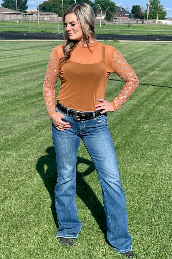 Sterling Kreek Checked In Burnt Orange Mesh Top