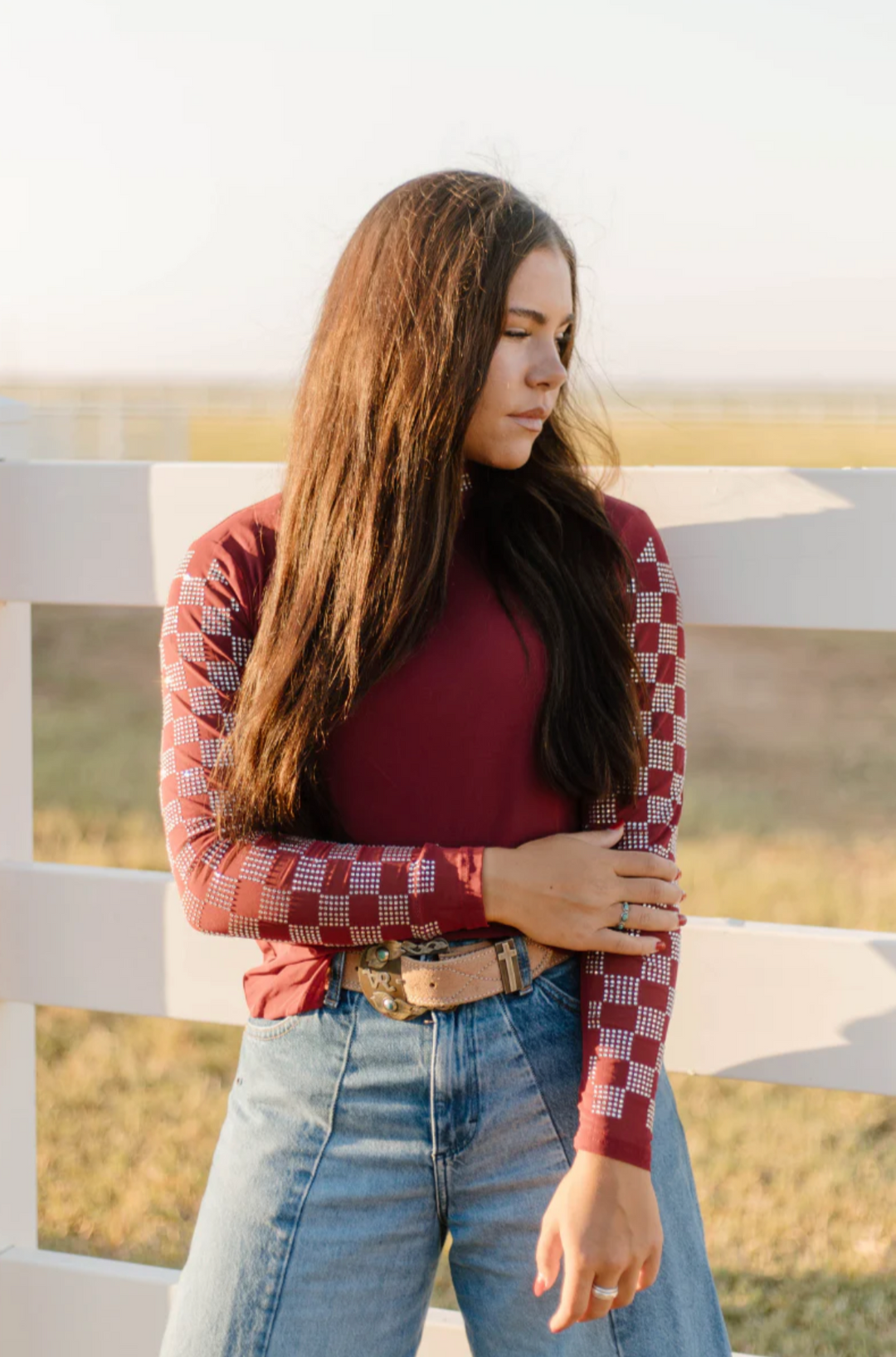 Sterling Kreek Checked In Maroon Mesh Top