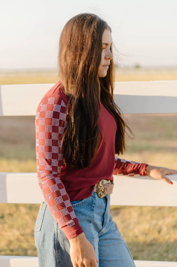 Sterling Kreek Checked In Maroon Mesh Top