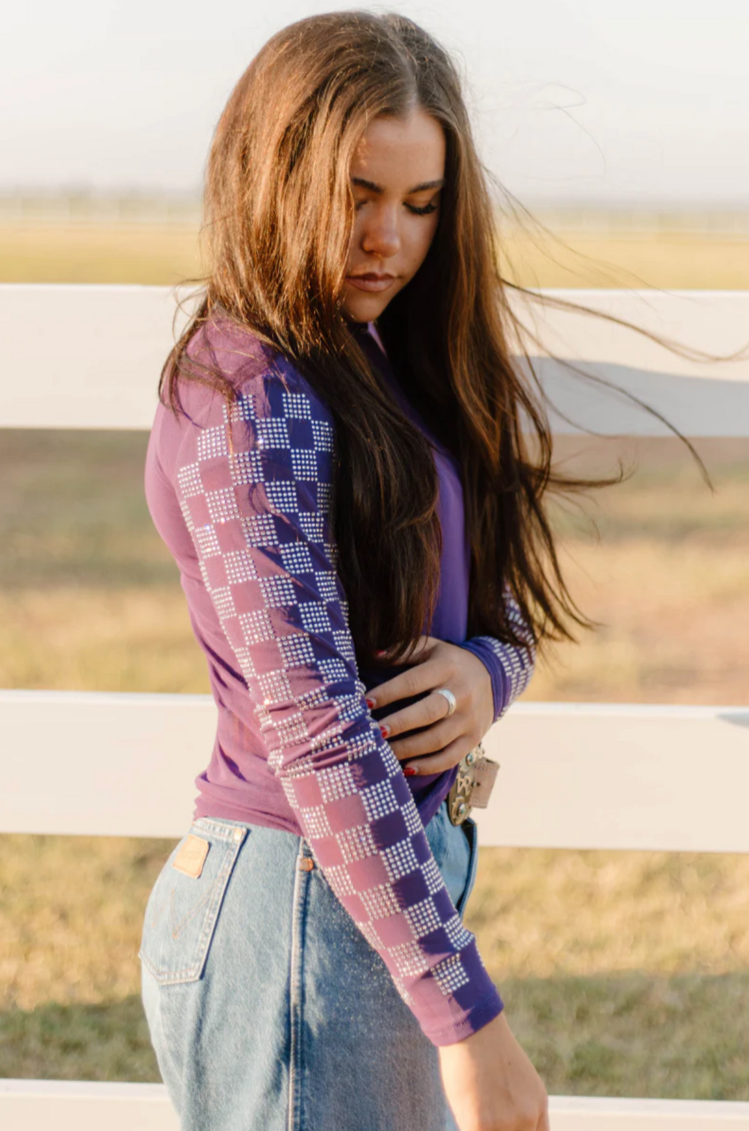 Sterling Kreek Checked In Purple Mesh Top