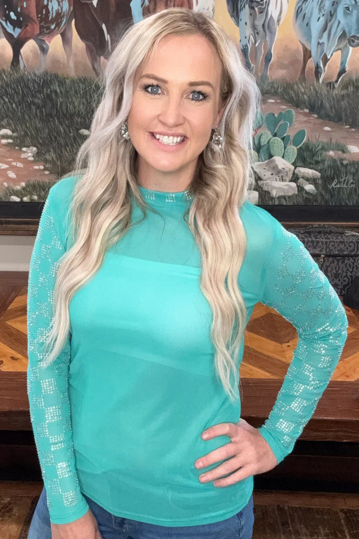 Sterling Kreek Checked In Turquoise Mesh Top