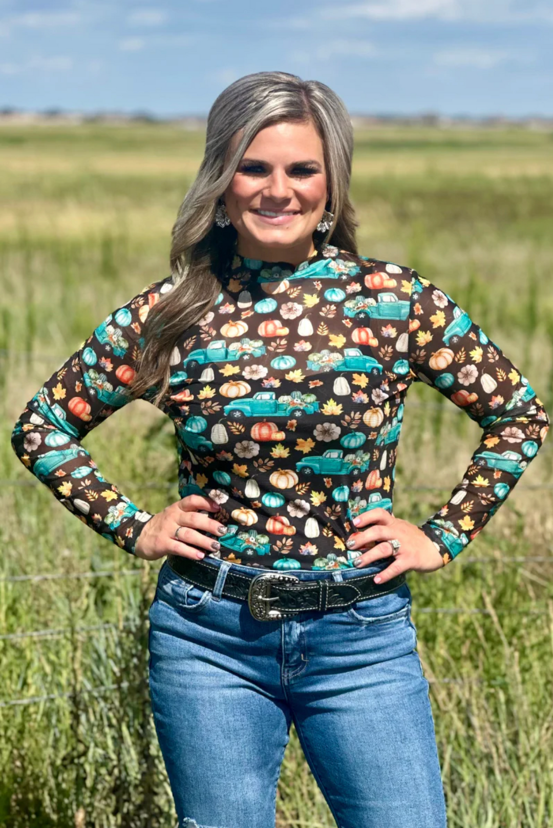 Sterling Kreek Take Me To The Pumpkin Patch Mesh Top