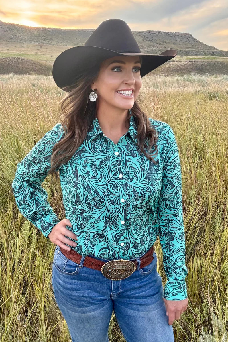 Sterling Kreek Tooled In Turquoise Button Up