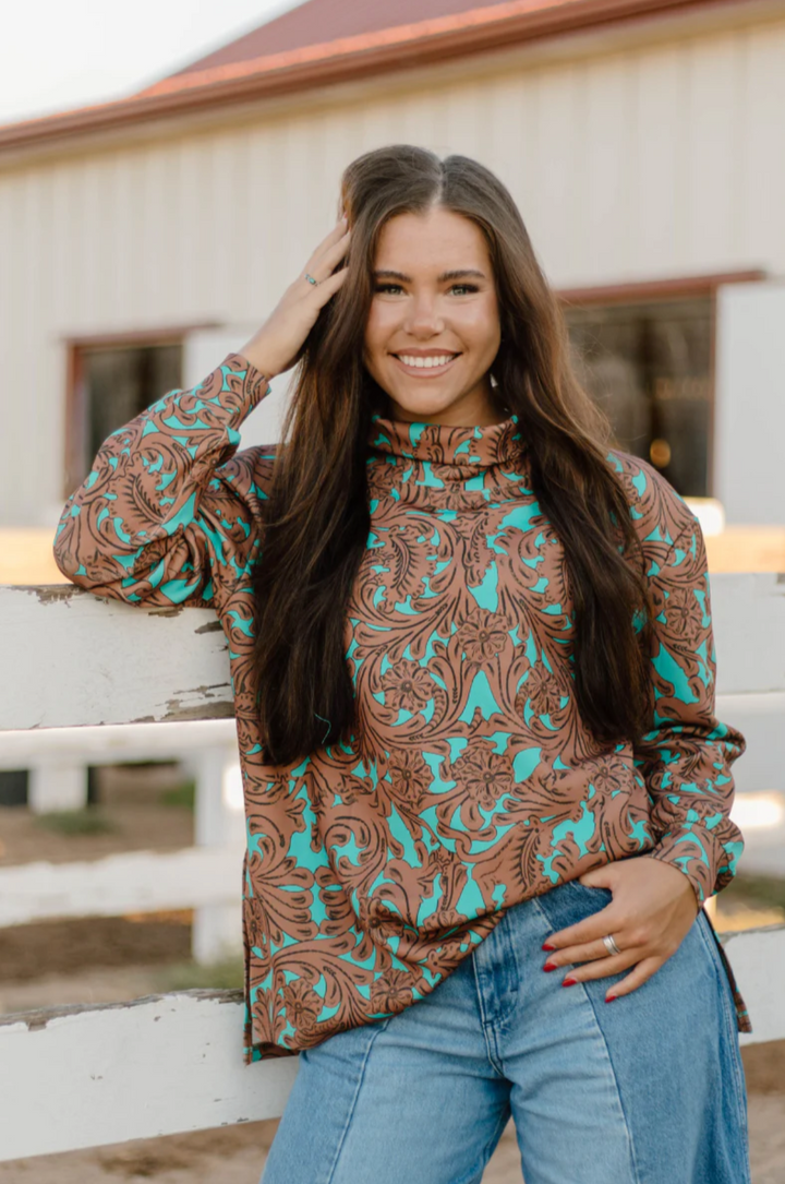 Sterling Kreek Turquoise Tooled Mock Neck Top