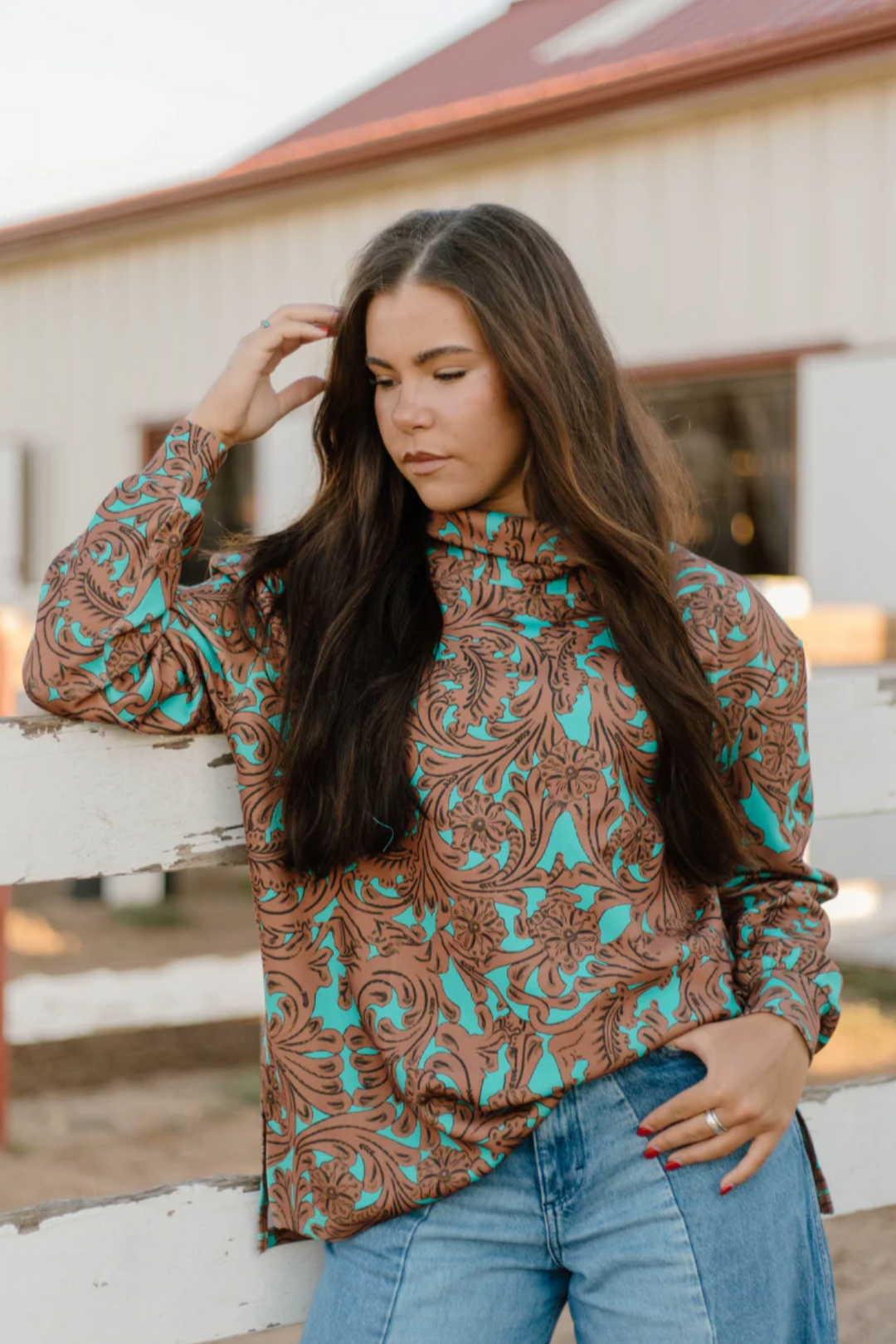 Sterling Kreek Turquoise Tooled Mock Neck Top