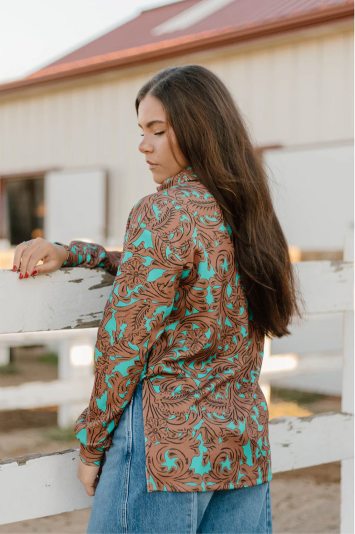 Sterling Kreek Turquoise Tooled Mock Neck Top
