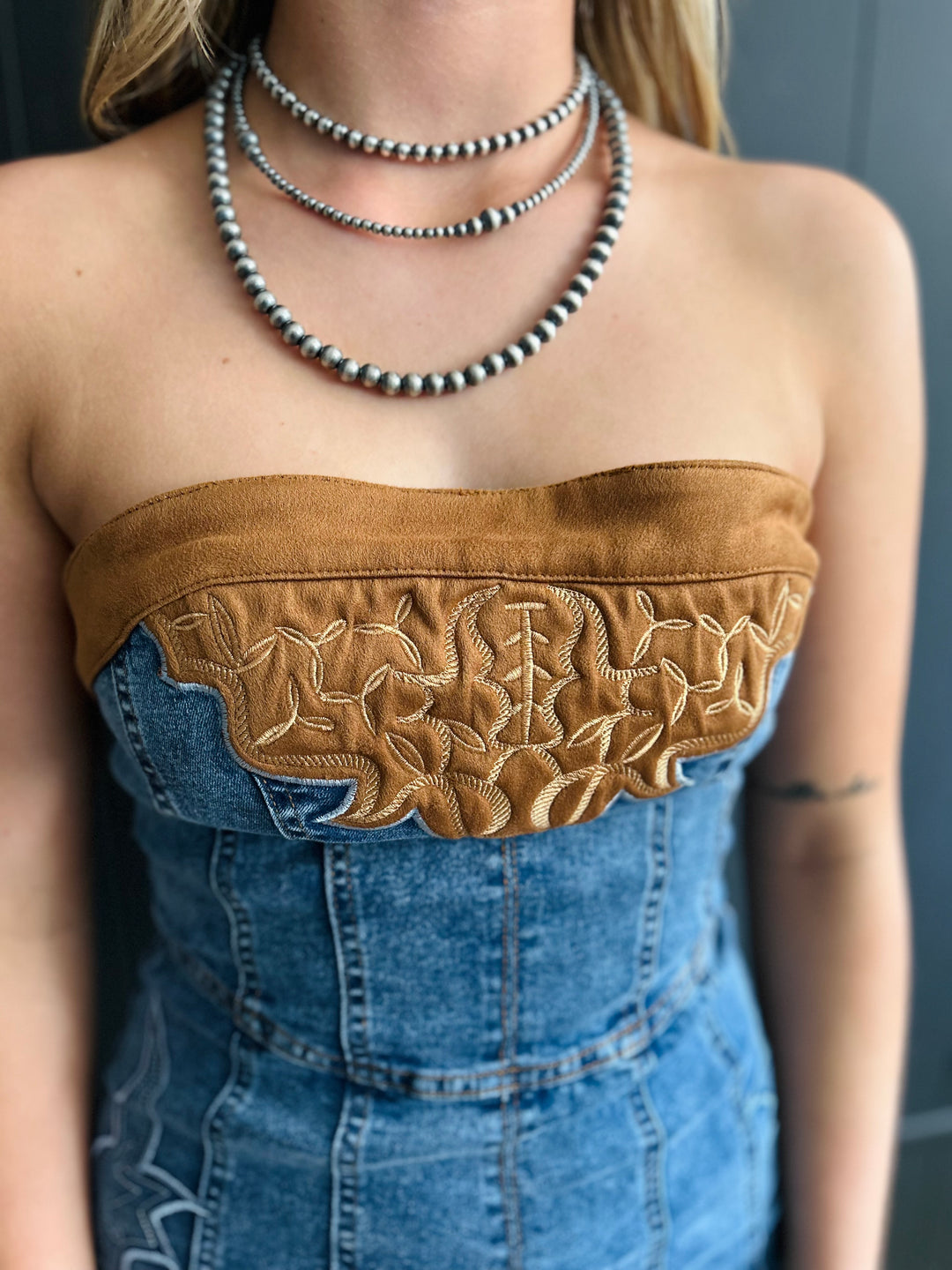 Stone Wash Boot Stitch Embroidery Patch Strapless Denim Dress