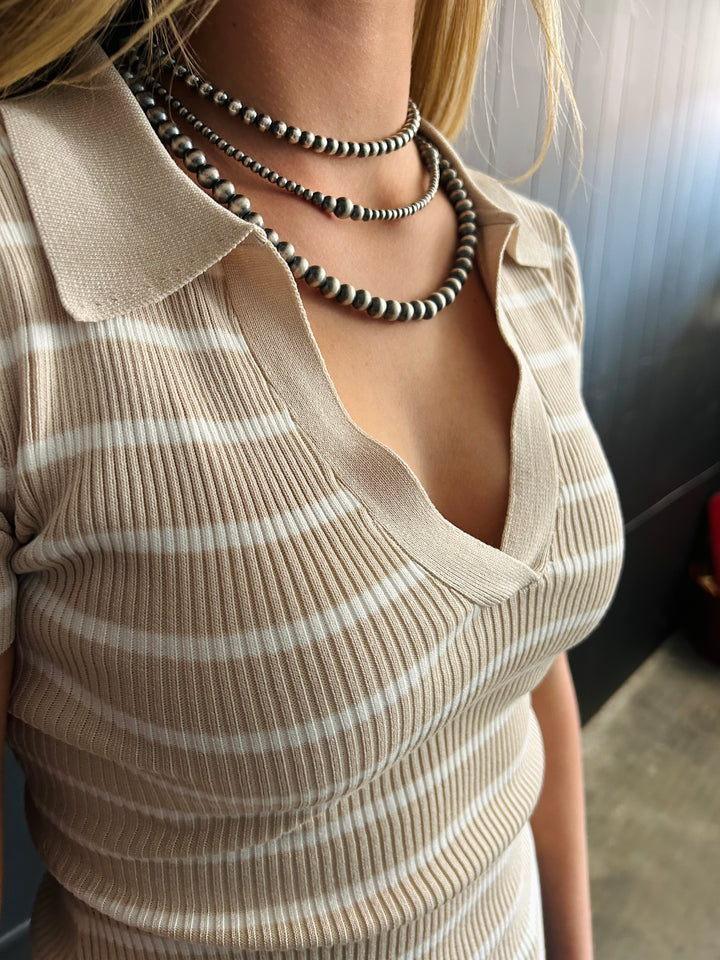 Striped Collared Short Sleeve Sweater Knit Top